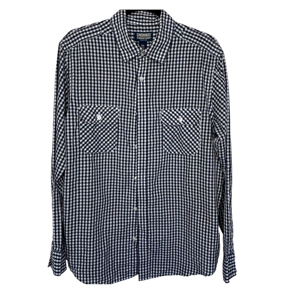 Cherokee Men’s Relaxed Long Sleeves Black and White Gingham Shirt in Medium